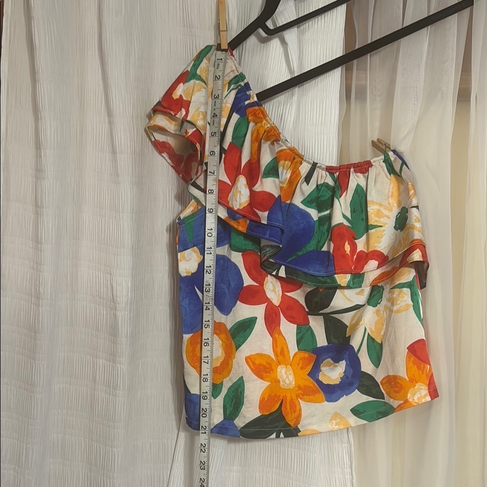 Colorful and Summer TCEC Blue and Orange Asymmetrical Ruffled Blouse - Picture 5 of 9